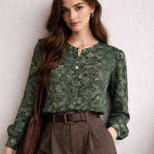 Vintage 90s Womens Silk Blouse M Sage Green Dark Academia Whimsigoth Secretary